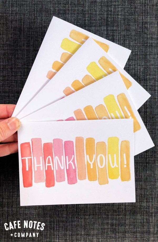 four watercolor thank you cards with the words,'thank you'written on them