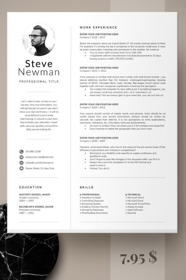 a clean and professional resume template for word or pages, with an image of a man's face on it