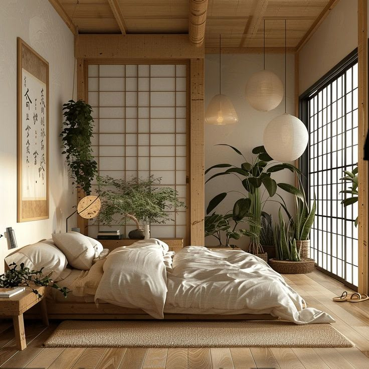 A serene Japandi bedroom that demonstrates the value of including organic accents, such as potted plants and greenery, with examples like a snake plant, succulent, or bonsai tree that purify the air and create a calming, nature-inspired ambiance Japanese Inspo Bedroom, Japanese Norwegian Interior, Japanese Small Bedroom Ideas, Japandi Small Bedroom Interior Design, Japanese Bedroom Style, Japanese Home Decor Modern, Japanese Futon Bedroom Aesthetic, Bedroom Configuration Layout, Zen Room Aesthetic