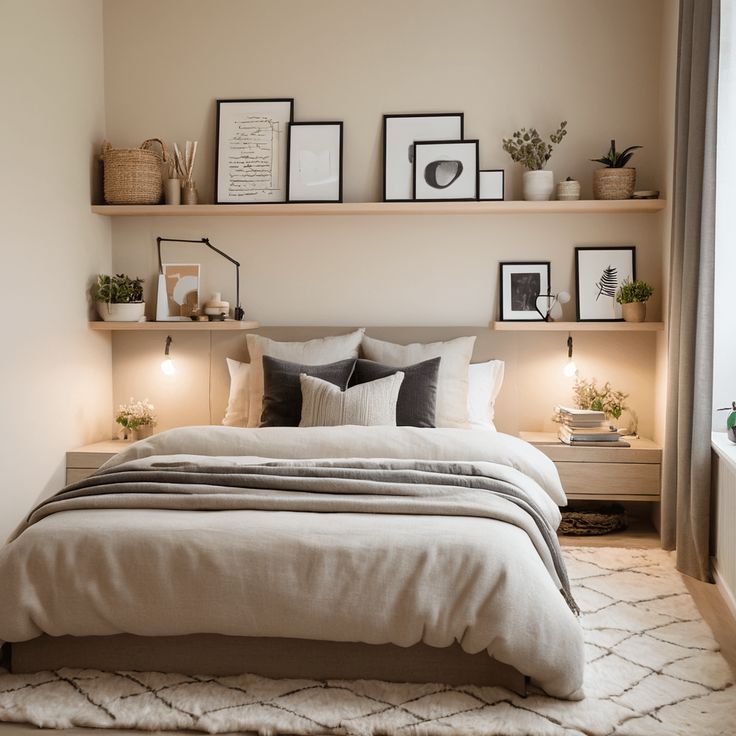 a bed sitting in a bedroom next to a window with pictures on the wall above it