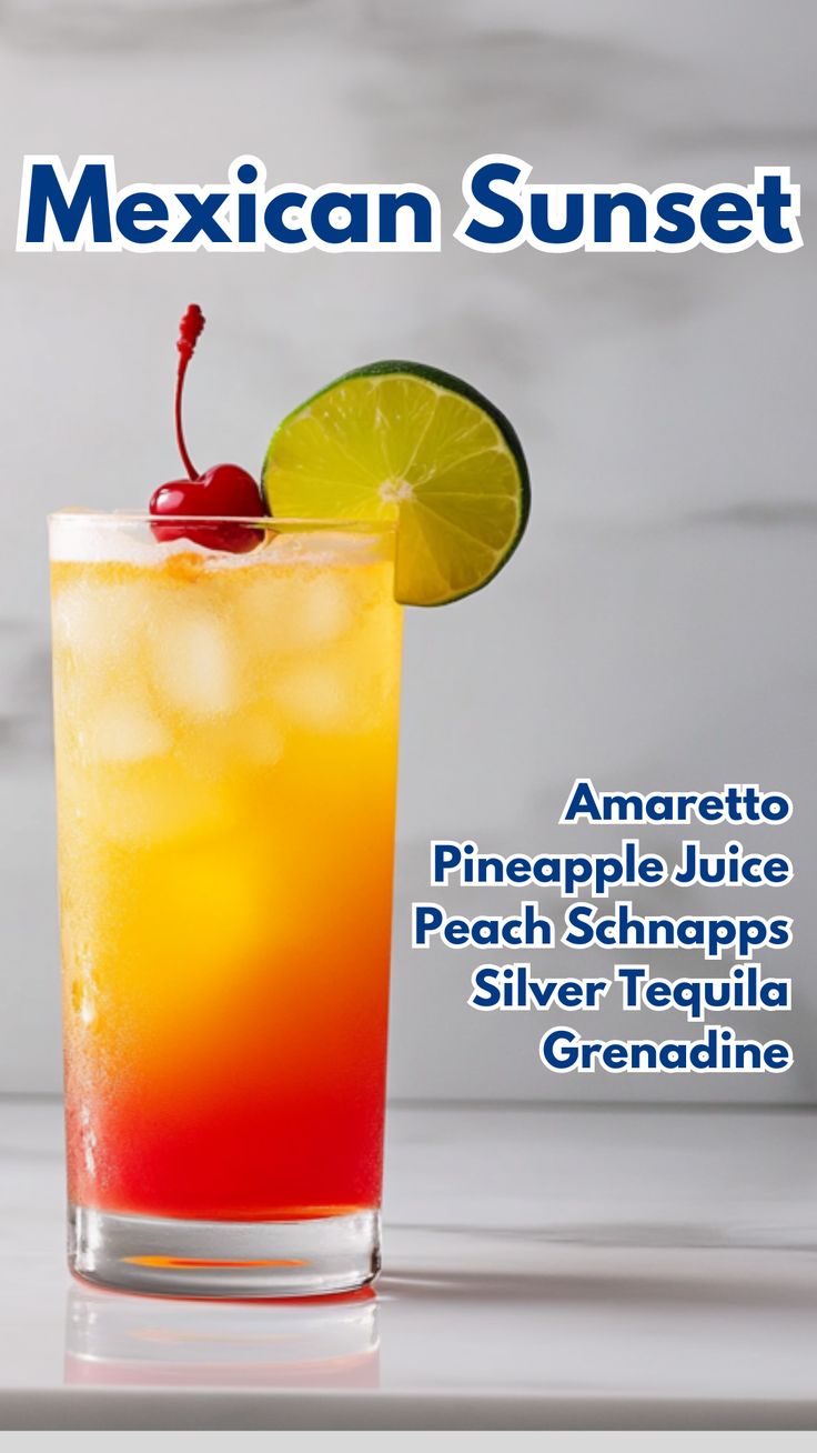 Mexican Sunset Amaretto Cocktails, Mexican Sunset, Alcohol Ideas, Cocktail Cards, Juice Cocktails, Mexican Cocktails, Fruity Cocktail, Bartender Drinks, Pretty Alcoholic Drinks