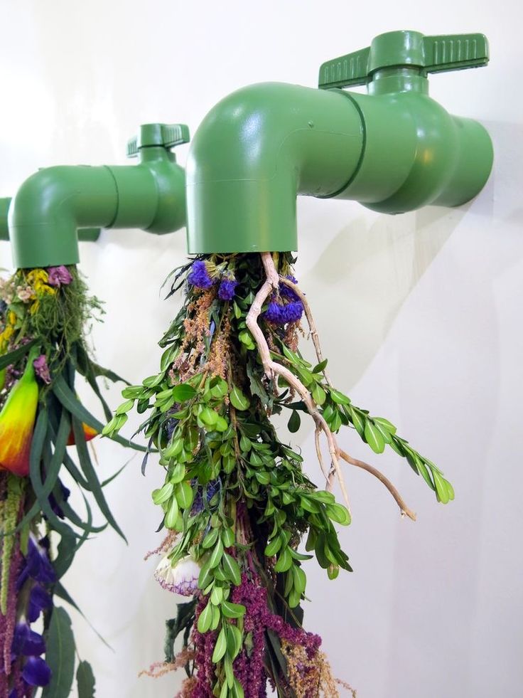 two green pipes with plants hanging from them