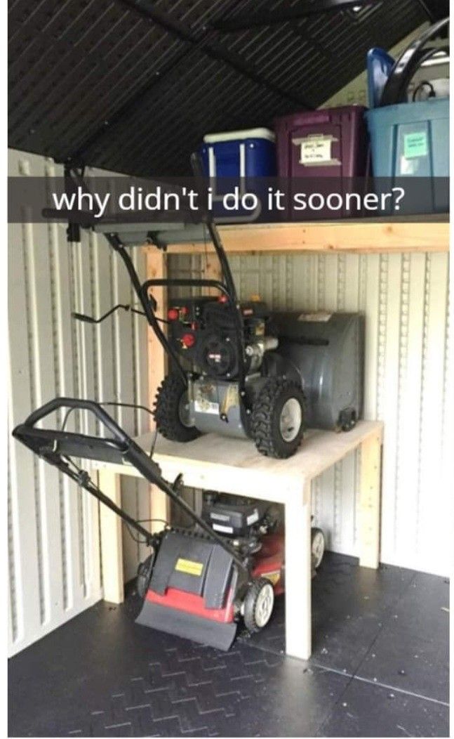 there are pictures of different things in the garage and on the shelves, including a lawn mower