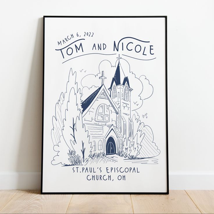 a black and white drawing of a church with the words tom and nicole on it