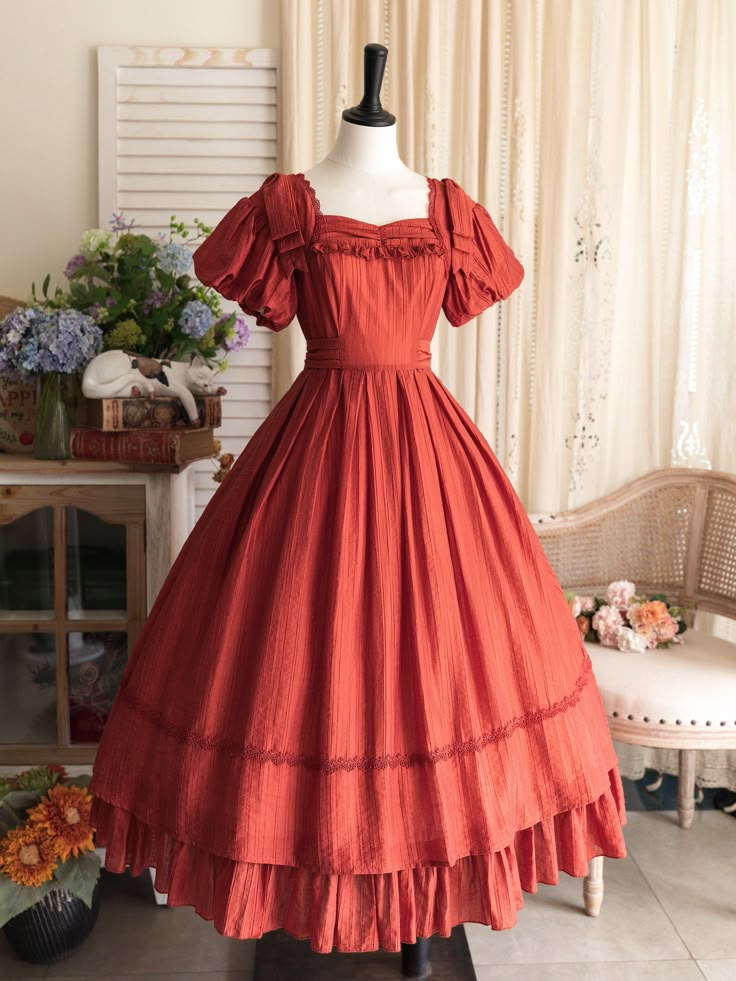 This price includes a dress and a red bowknot hairclip (not for sale).  Embrace timeless elegance with this enchanting Red Puff Sleeves Classic Lolita Princess Tea-Length Dress. Designed for the true Lolita aficionado, this dress features delicately puffed sleeves and a flattering tea-length skirt that exudes sophistication and charm. The back boasts a comfortable shirring detail, ensuring a perfect fit for all body types. Whether you're attending a tea party, a cosplay event, or simply indulgin Haunted Hollywood, Poofy Dresses, Poofy Dress, Tea Length Skirt, Puffy Dresses, Tea Length Dress, Classic Lolita, Cottagecore Dress, Pin Up Dresses