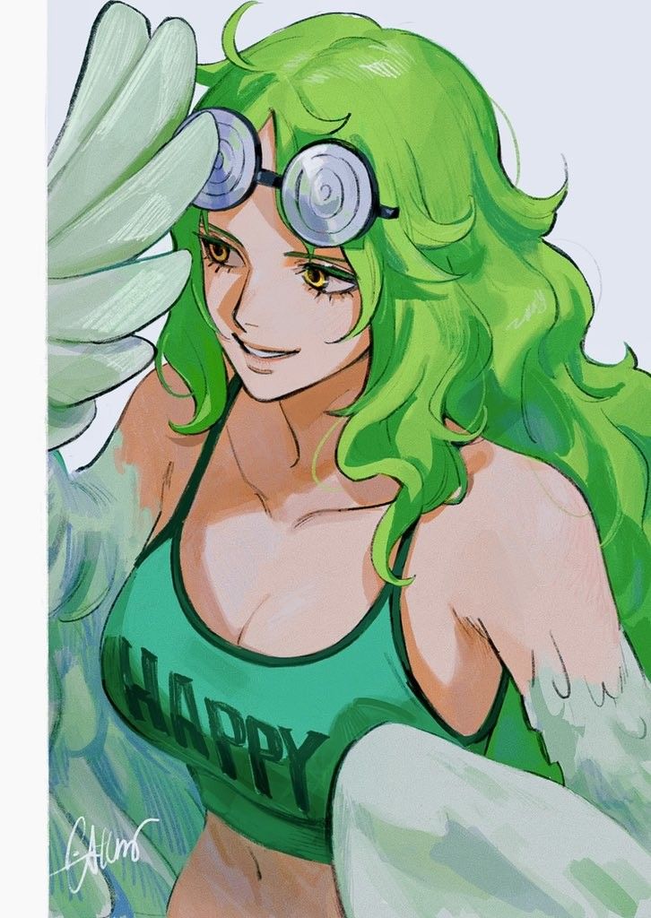 a woman with green hair and goggles on