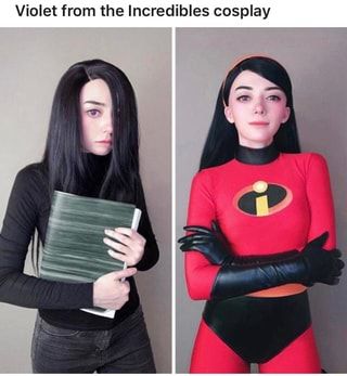 two women dressed as the incredibles, one in black and one in red holding a binder