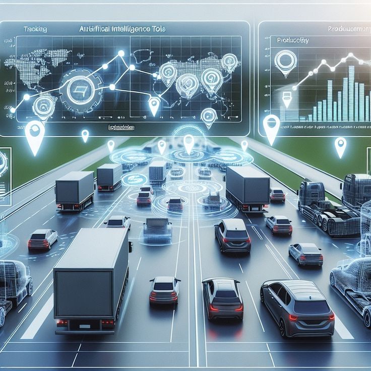 many cars and trucks are driving on the road with gps data visual over them to indicate where traffic is going