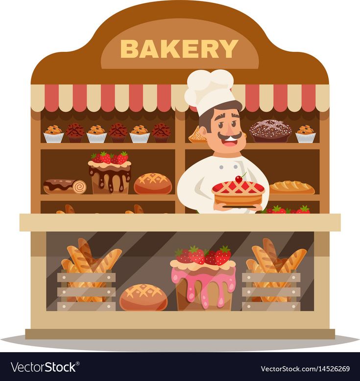 a baker in front of a bakery with fresh bread and pastries on the shelves