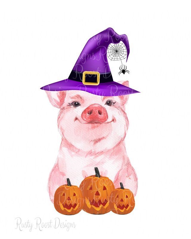 a pig wearing a witches hat with pumpkins