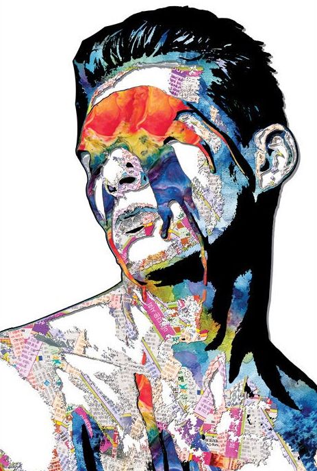 a man's face with multiple colored images on it