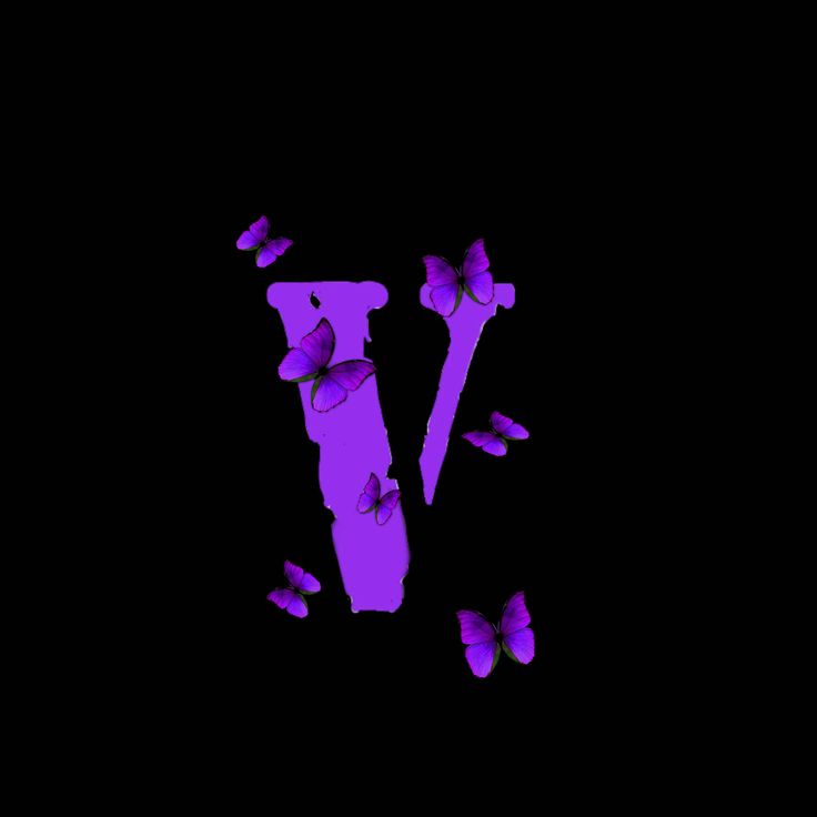 the letter v is made up of butterflies in purple and black colors on a dark background