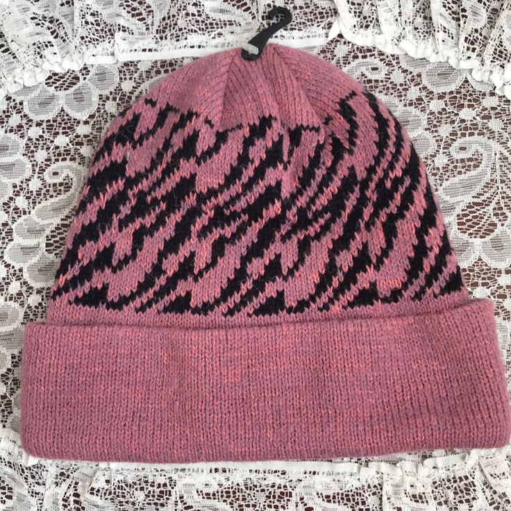 Nwt Pinkish Purple Hat W/ Black Tiger Stripes Os Never Worn! Acrylic = Warm And Cute! Pink Fitted Winter Hat, Trendy Pink Beanie For Spring, Pink One-size Beanie, Casual Pink Hat, Casual Pink One-size Beanie, Trendy Pink Knitted Beanie, Trendy Pink Fall Beanie, Casual Pink Beanie One Size, Casual Pink Beanie For Spring