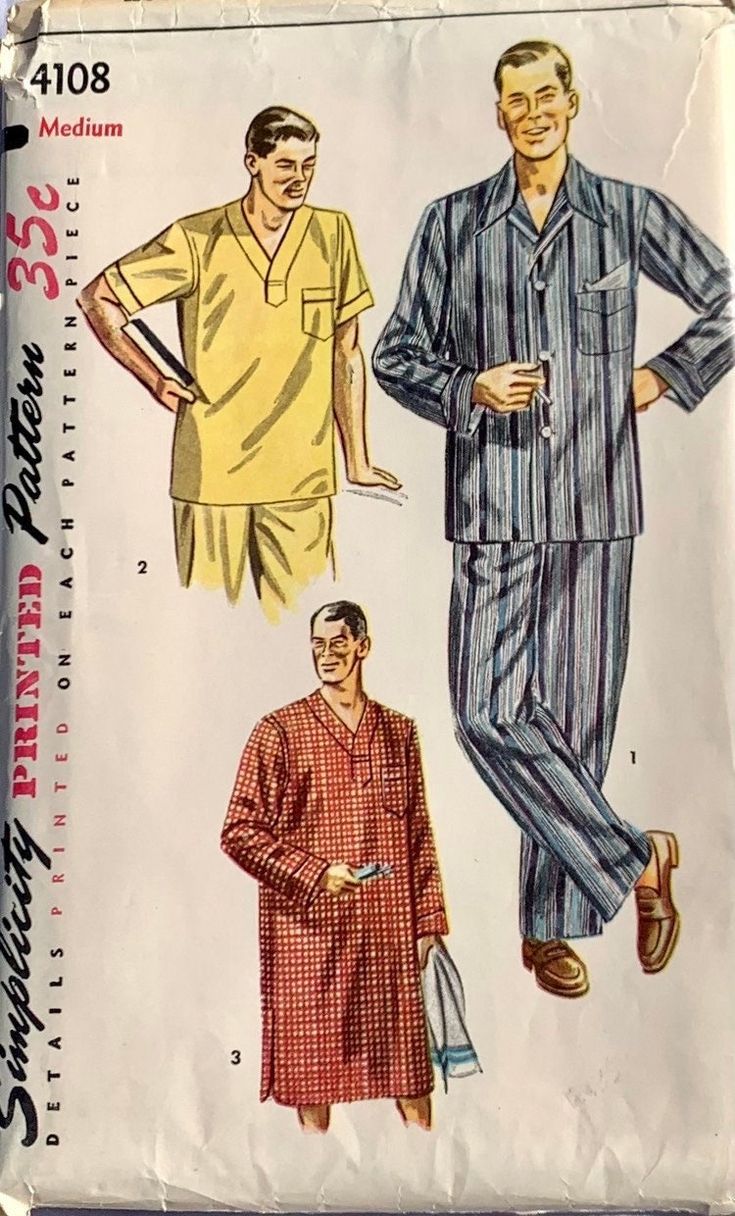 Rare - OOP  Still in original packaging. Vintage Simplicity Pattern 4108 Men's Two-Piece Pajamas and Nightshirt Size Medium 38-40 Copyright 1952 Men's Two-Piece Pajamas and Nightshirt: View 1 Pajamas: Top has convertible collar, pocket on left front and long sleeves. Bands are top stitched to pocket and lower edge of sleeves. View 2, Pajamas: top has V neckline and pocket on left front, short sleeves. Nightshirt, View 3 has V neck, long sleeves, pocket on left front and bands top stitched to nec Nightshirt Pattern, Mens Nightshirts, Mens Sewing Patterns, Blithe Spirit, Simplicity Patterns Vintage, 1950s Sewing Patterns, Men's Pajamas, Vintage Pajamas, 1950s Mens