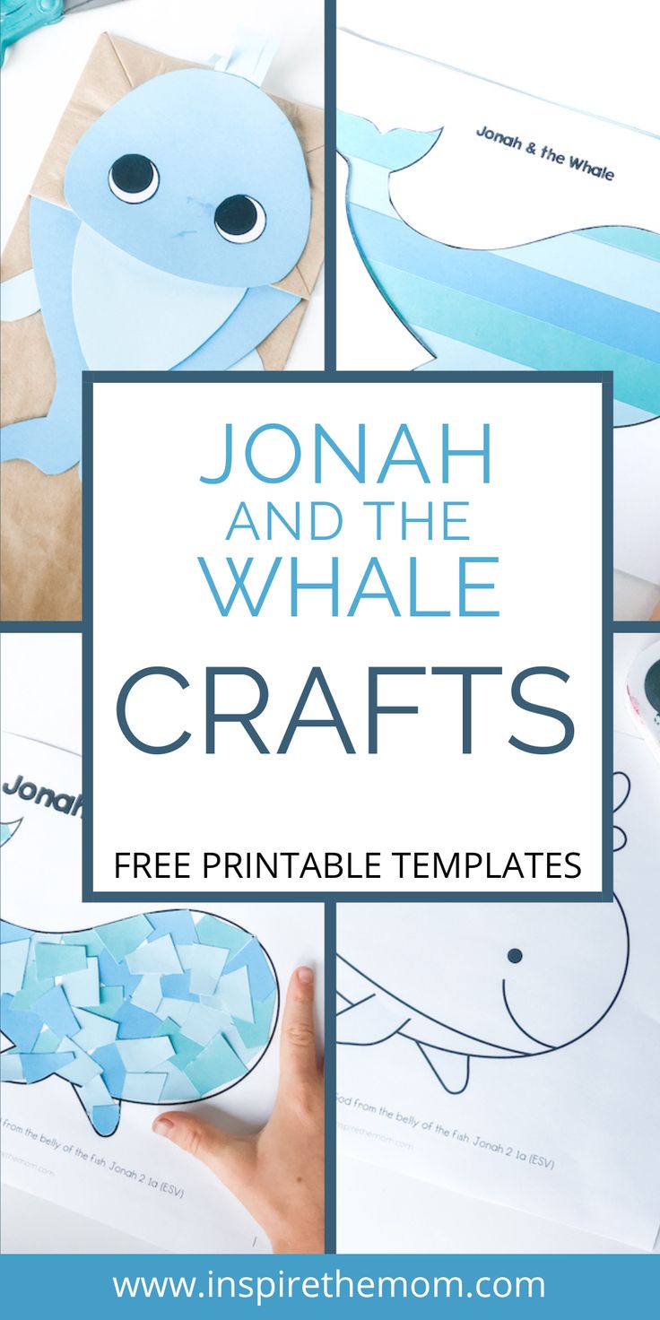 whale crafts for kids with text overlay that reads, jonah and the whale crafts free printable templates