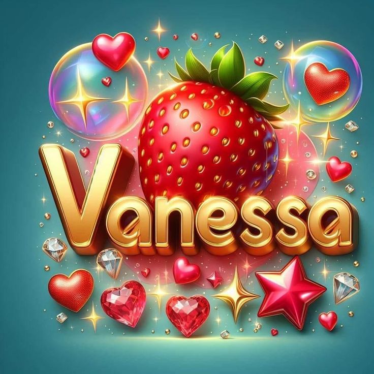 the word vanessa is surrounded by hearts, stars and an image of a strawberry