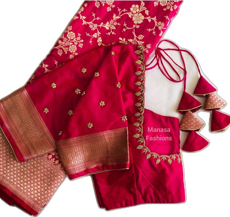 Simple Red Blouse Designs For Saree, Simple Blouse Work Designs For Silk Sarees, Work Vala Blouses, Green Saree Red Blouse Designs, Pink And Blue Maggam Work Blouse, Neck Work Designs For Blouse, New Pattu Blouse Designs, Simple Work On Blouse Designs, Simple Designs For Blouse Work