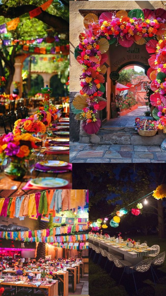 many different pictures of colorful decorations and tables with lights on them in the middle of an outdoor area