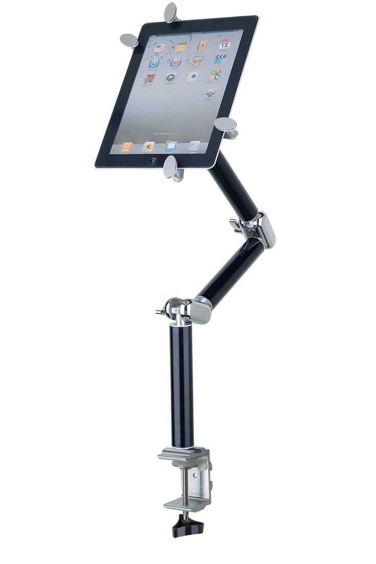 an ipad is attached to the arm of a desk stand with a tablet on it