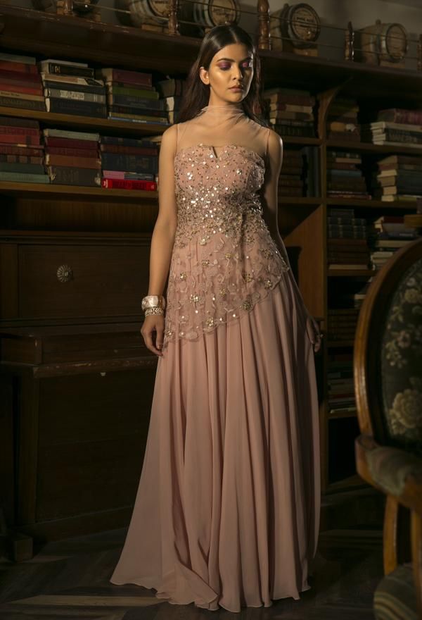 Sanya Gulati | Blush Pink Gown With Peplum Bustier | INDIASPOPUP.COM Blush Pink Gown, Burgundy Gown, Western Gown, Indian Bridesmaids, Pink Gown, Organza Skirt, Indian Bridal Outfits, Pink Gowns, Ladies Gown