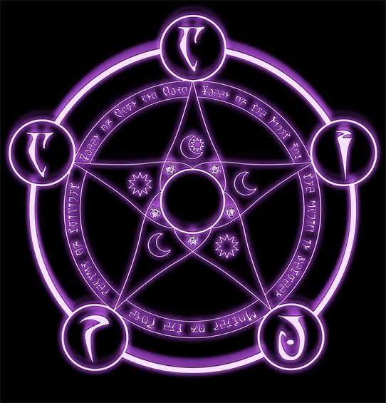 a purple pentagram surrounded by eight planets