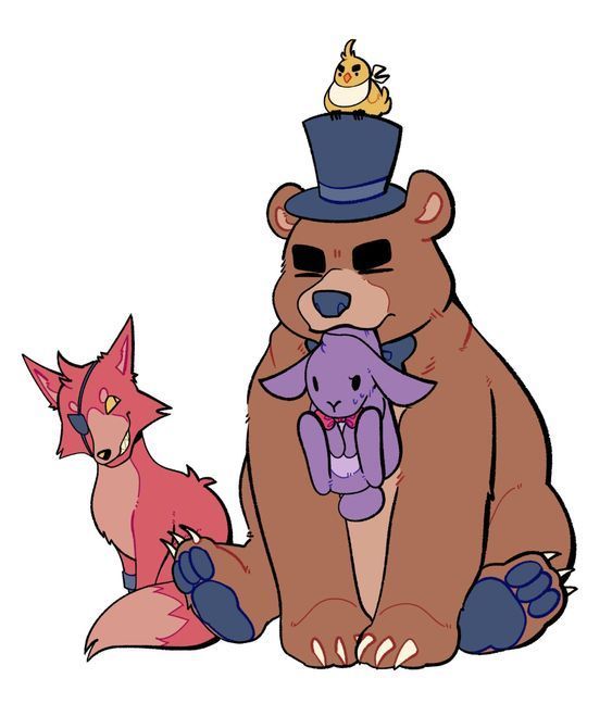 a brown bear sitting next to a pink fox holding a purple teddy bear and wearing a top hat