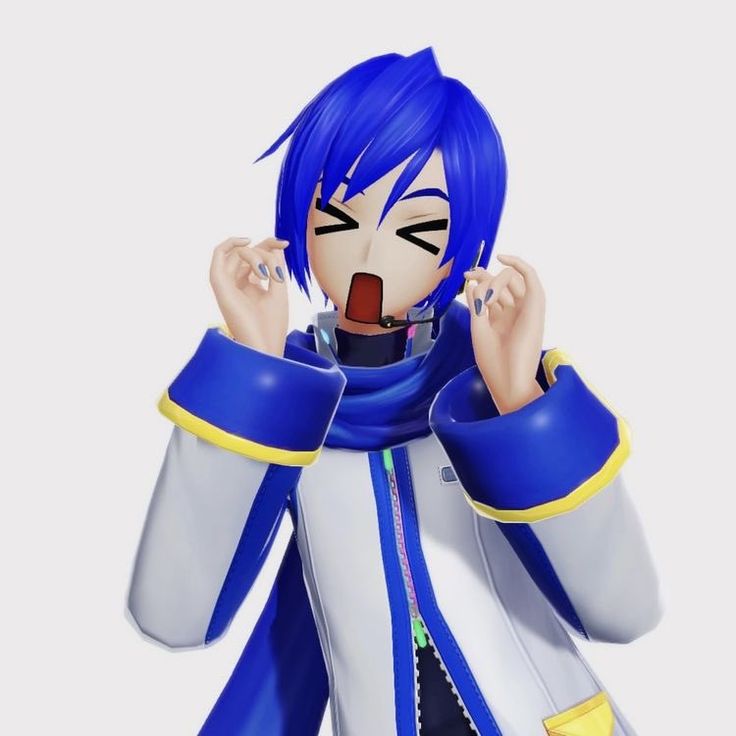 an anime character with blue hair is making a face and holding his hands in the air