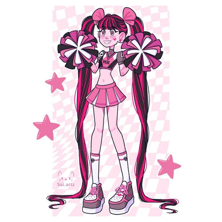 a drawing of a girl with long hair and pink shoes, holding two large bows