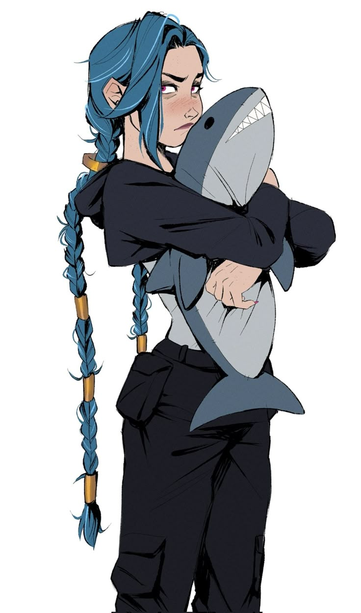 a woman with blue hair holding a shark in her arms and wearing black pants,