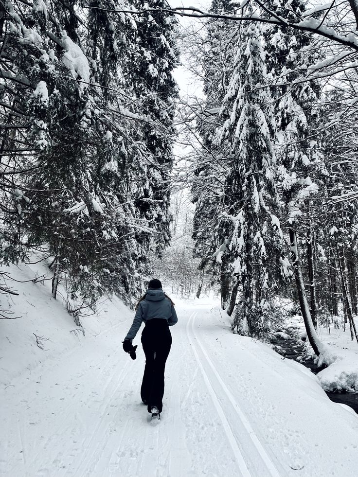 a person walking down a snow covered path in the woods