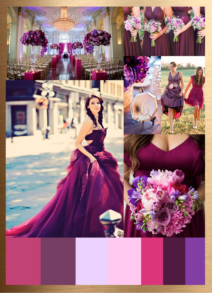 a collage of photos with purple and pink flowers in the center, an image of a woman wearing a dress