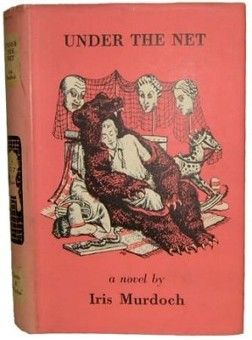 the book under the net by iris murdoch is in pink and has an image of