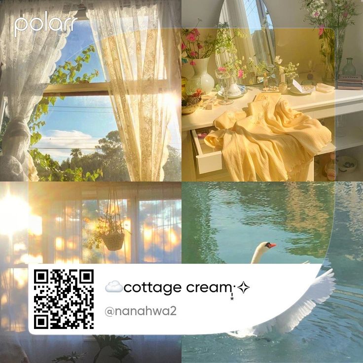 a collage of photos with the words cottage cream and swans swimming in water next to them