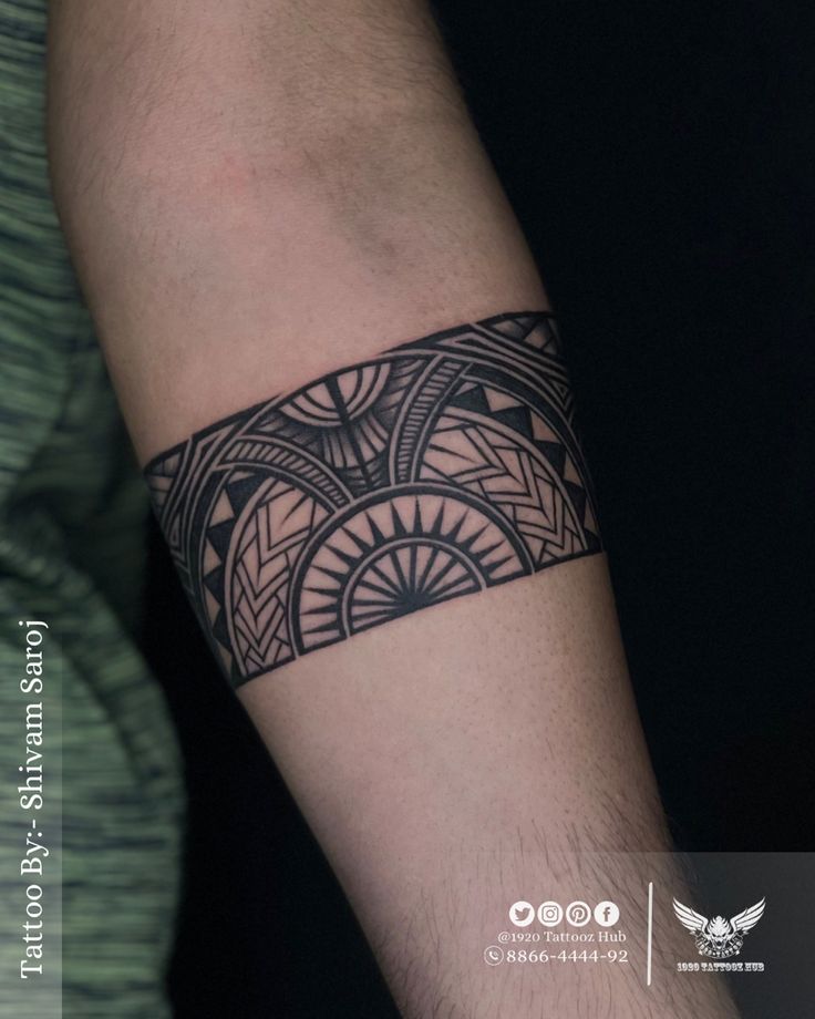 a man's arm with a black and white tattoo design on the wrist,