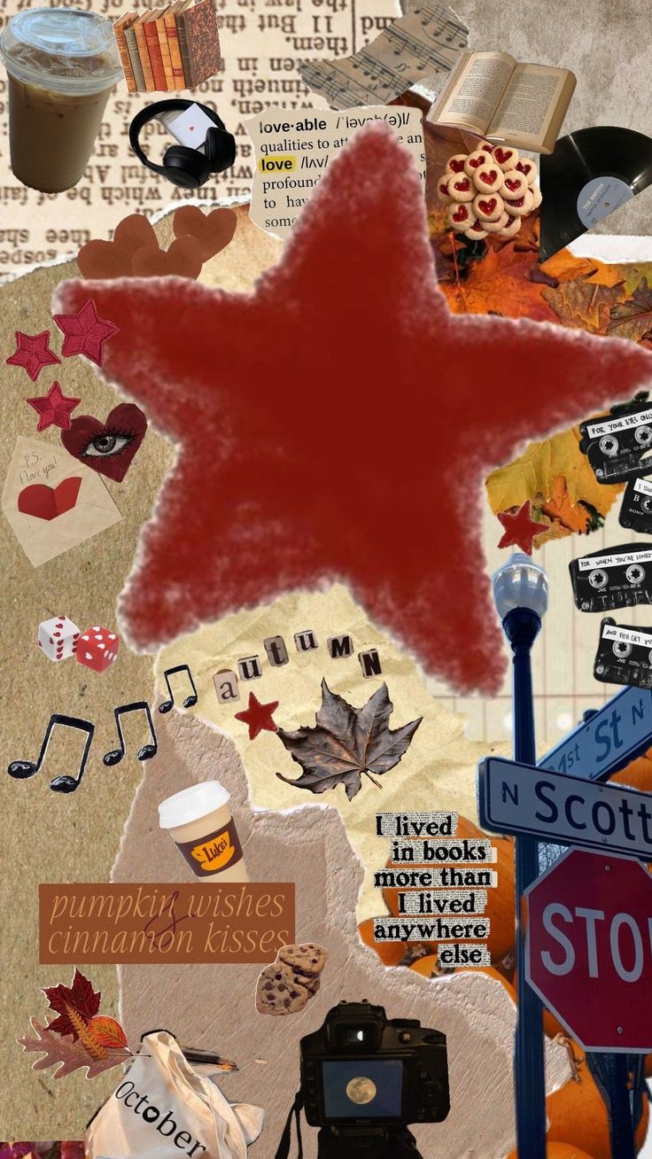 a collage of various items including a star, street signs, and other things