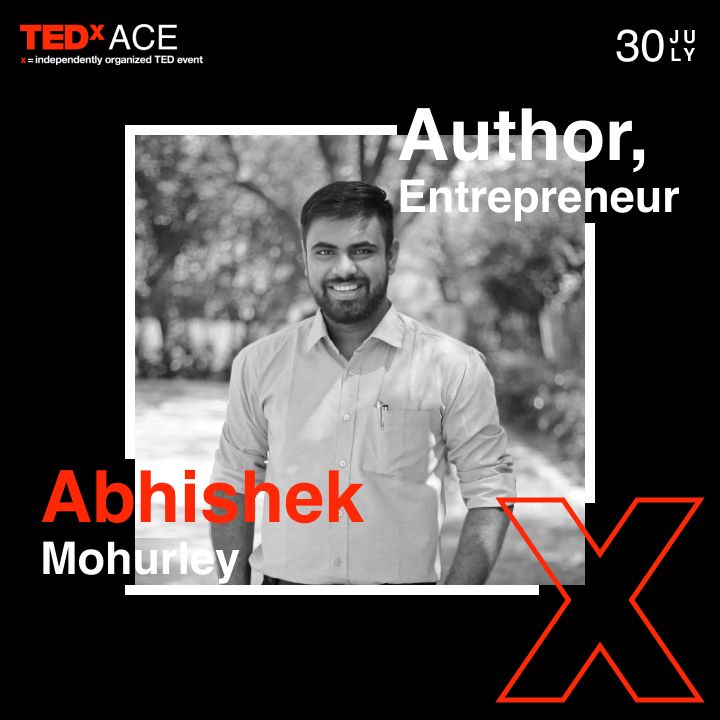 a man is smiling while standing in front of a black and white photo with the words, author, entrepreeur abhisek mohriey x