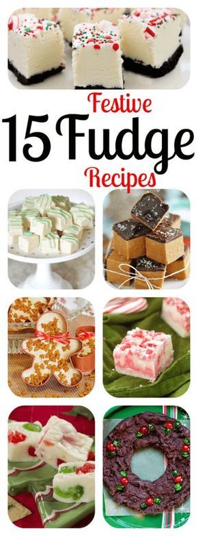 the cover of festive fudge recipes, with pictures of different cakes and desserts