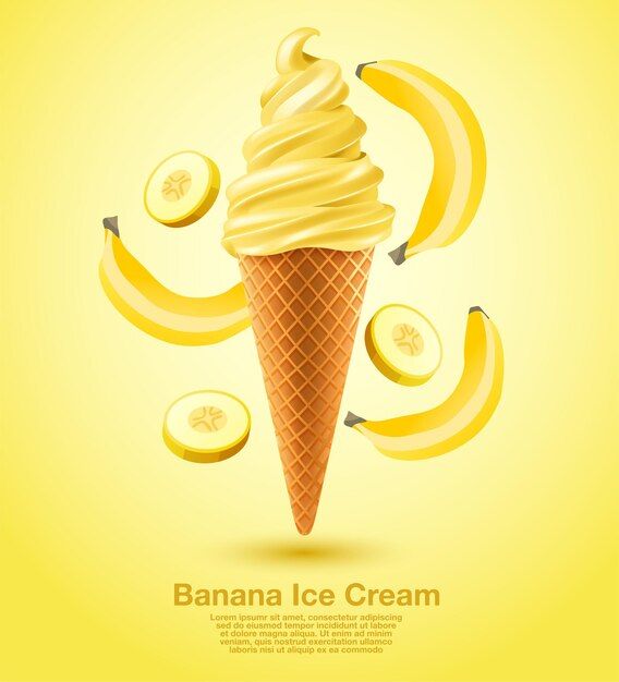 an ice cream cone with bananas and kiwis around it on a yellow background