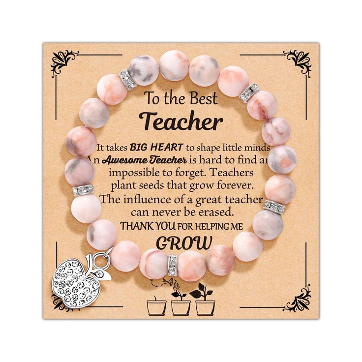 a pink bracelet with the words to the best teacher on it and a heart charm