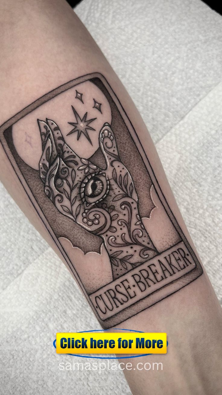 An arm tattoo designed like a 'Curse Breaker' tarot card with mystical symbols, suggesting overcoming and insight. Elf Tattoo Ideas, Tattoos With A Lot Of Shading, Feyre Mating Tattoo, Feyre Arm Tattoo Acotar, The Suriel Tattoos, Acotar Eye Tattoo, Rhysand And Feyre Tattoo, Sjm Tattoo Sleeve, Nesta Acotar Tattoo