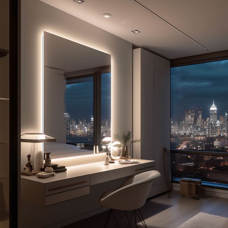 a bathroom with a large window overlooking the city lights shine brightly on the mirror and vanity