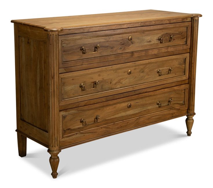 a wooden dresser with drawers and knobs on the bottom drawer, against a white background