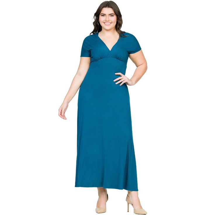 Elegance and comfort in one! The Empire Waist V Neck Plus Size Maxi Dress has an air of simple elegance featuring an empire waist, v neckline, short cap sleeves, a line design, and figure flattering fit. Made in the USA from a comfortable stretch material. 95% rayon 5% spandex. Character Fashion, Plus Size Maxi Dress, Empire Waist Dress, Plus Size Maxi, Plus Size Maxi Dresses, Simple Elegance, Line Design, Empire Waist, Jumpsuit Dress