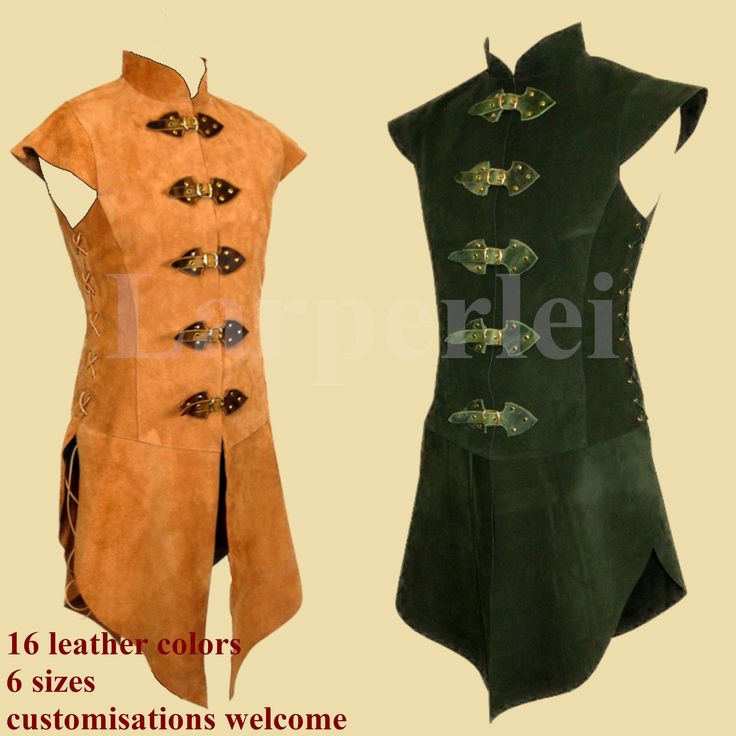 Surcoat for men made of suede. Ideal for ranger, mercenaries and other fighting parts in fantasy larp. It is closed with buckles on the front and tied at the sides with leather straps, so it is variable in width and offers a comfortable fit.  It is completely handmade  Design by Runa-Rian Depending on colour, we use different leather for this leather tunic:           * For the colorus black, light brown, dark brown, chestnut, nature, night blue, fir and red a cow suede with a thickness of 1,1-1, Jerkin For Men, Fantasy Mens Outfits, Fantasy Medieval Clothes Male, Fantasy Mens Clothes, Mens Fantasy Fashion, Fantasy Fashion Male, Male Fantasy Clothing, 13th Century Clothing, Gothic Fashion Men