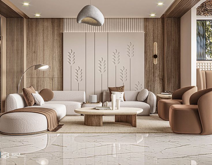 a modern living room with white and brown furniture