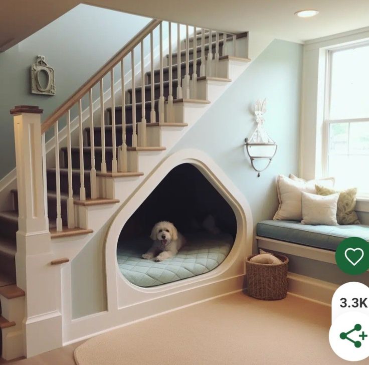 a dog is sitting in his bed under the stairs at the bottom of the stairs