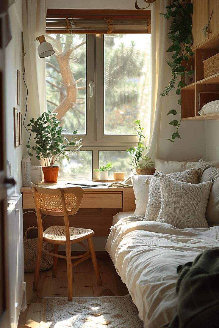 a bed sitting under a window next to a desk