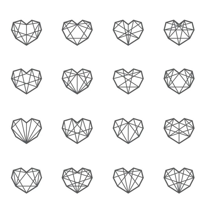 six different shapes of hearts in black and white, each with the same diamond shape