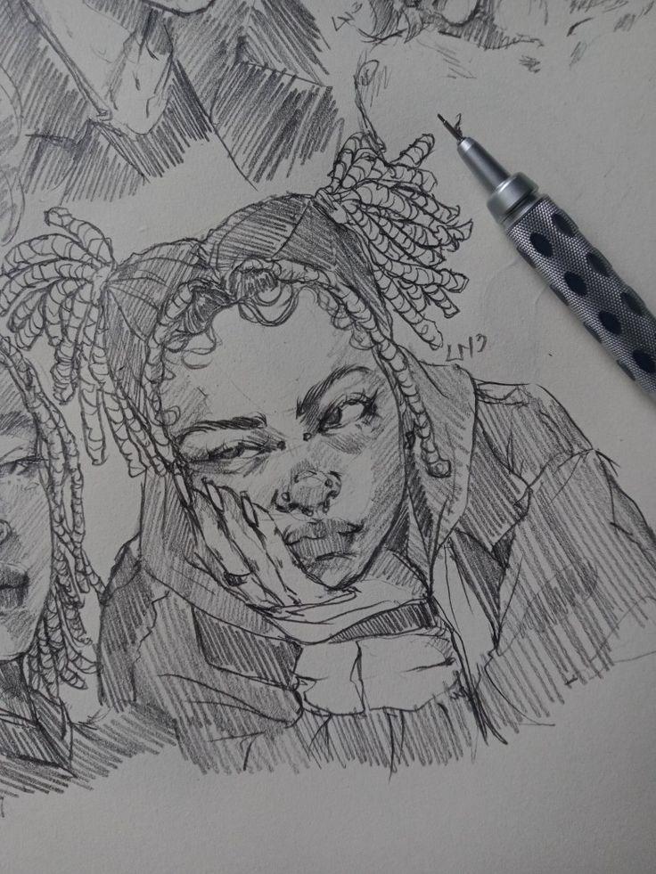 a pencil drawing of two women with different facial expressions