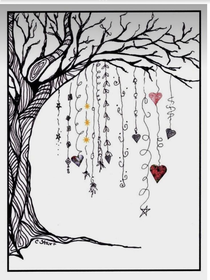 a tree with hearts hanging from it's branches